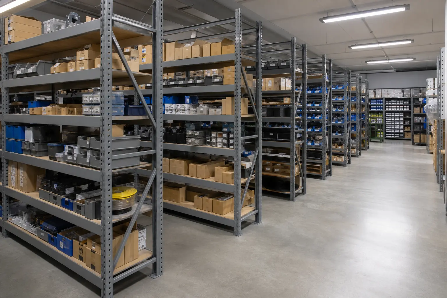Industrial shelving in a warehouse stockroom for organized storage