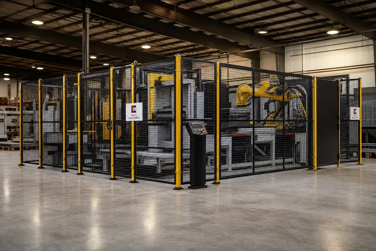 Wire mesh machine guarding enclosure surrounding industrial equipment