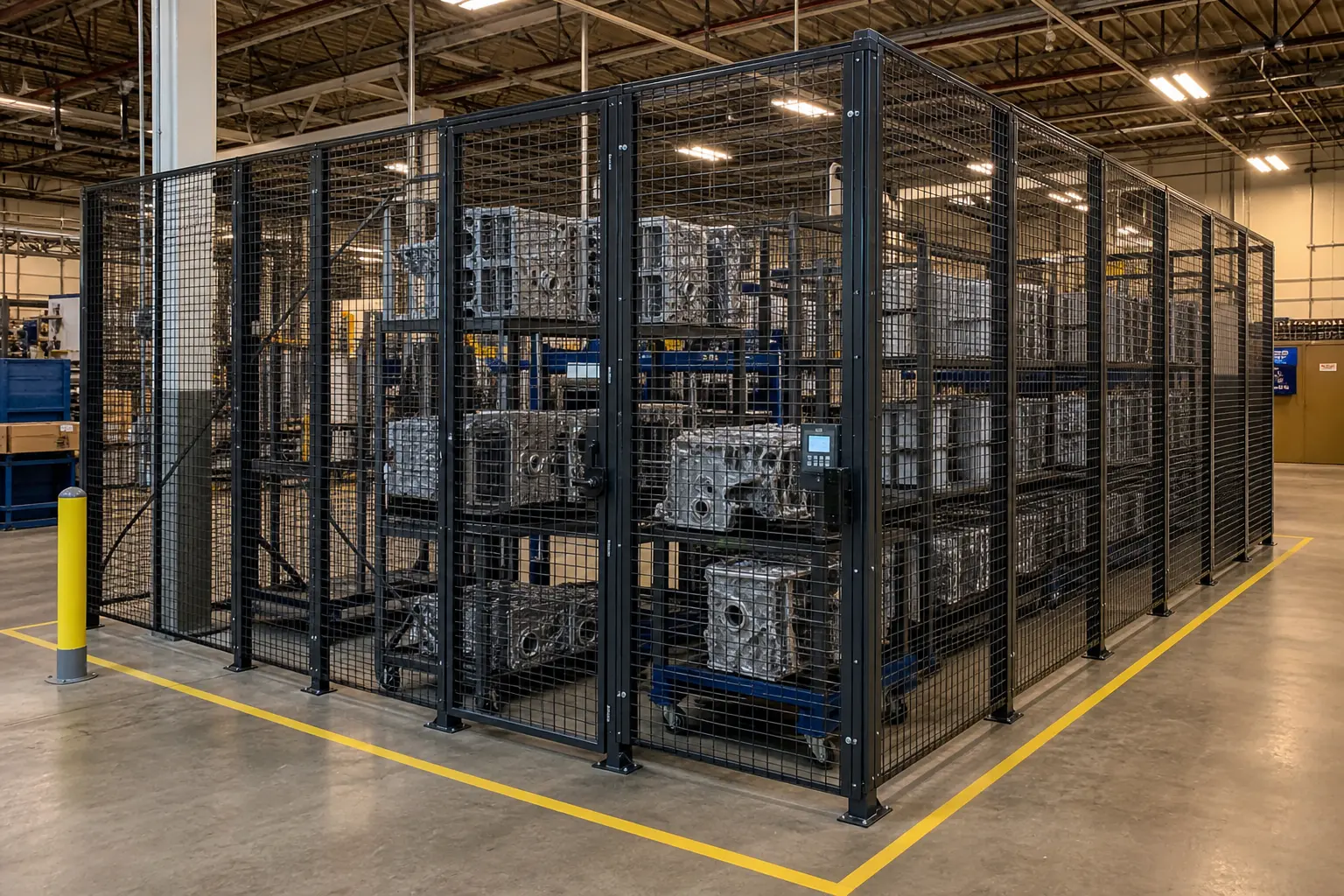 Industrial welded wire security cage enclosing racked machine components on a plant floor