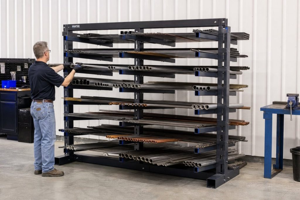 Medium-duty cantilever rack storing metal pipes, rods, and tubing