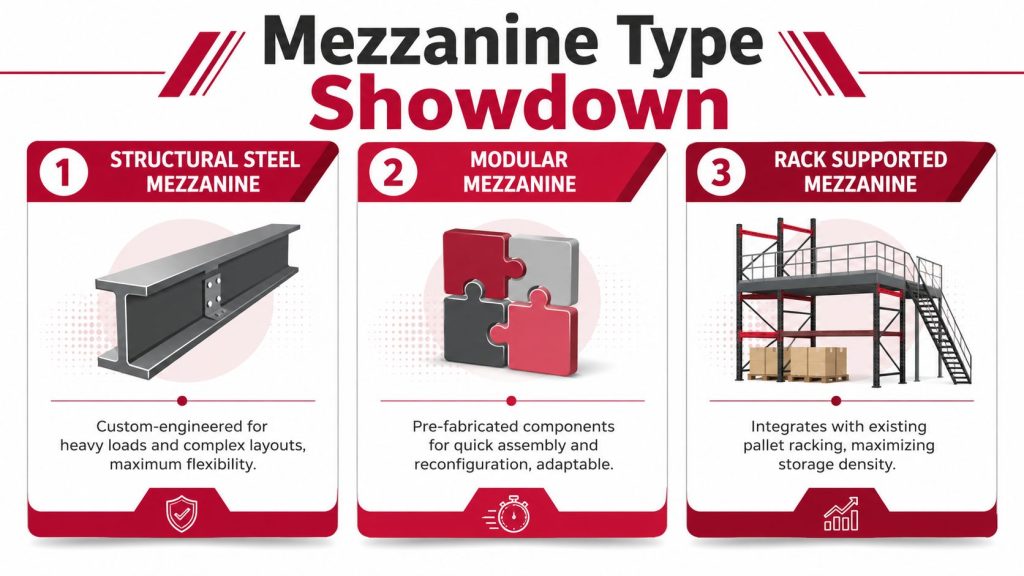 An infographic comparing three types of mezzanine floors: structural steel, modular, and rack supported for warehouses.