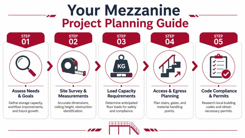 A five-step infographic guide detailing the planning process for installing a mezzanine floor in a warehouse.