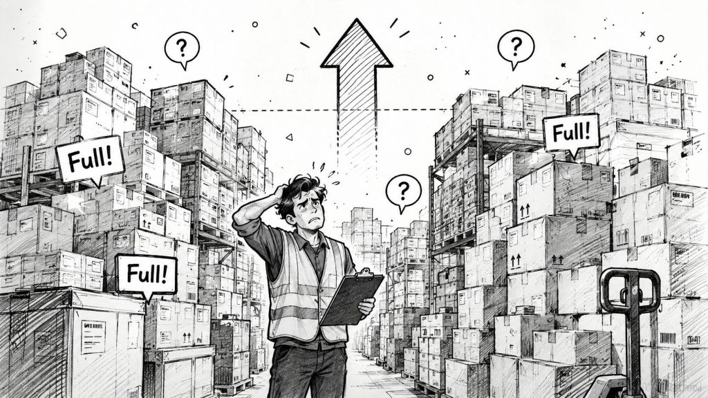 A confused warehouse worker stands in a densely packed storage facility filled with inventory boxes.