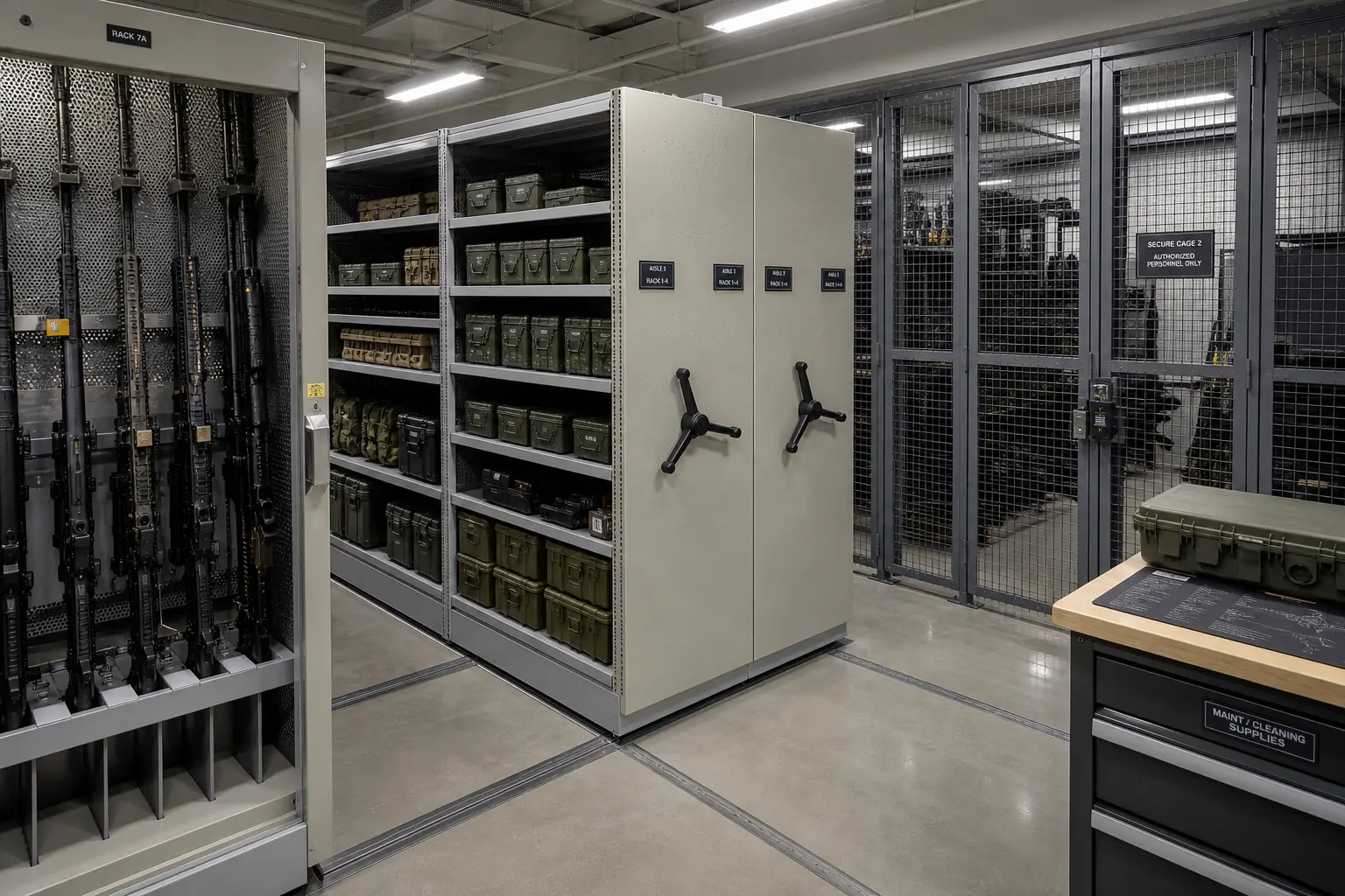 High-density weapon and equipment storage inside a secure military readiness center