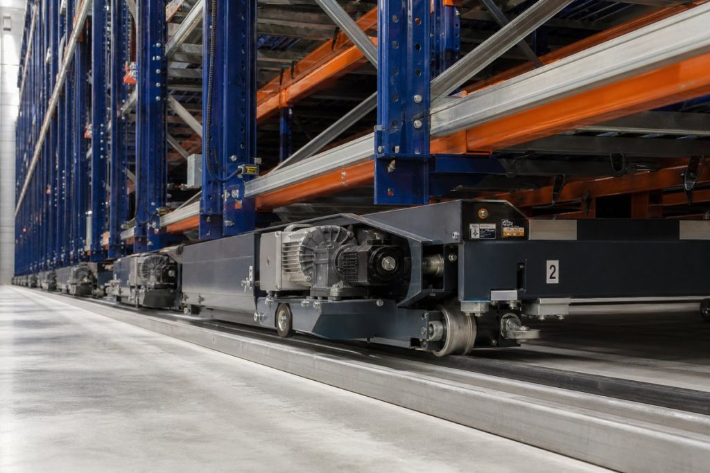 Mobile pallet rack carriage system with motorsand rail tracks