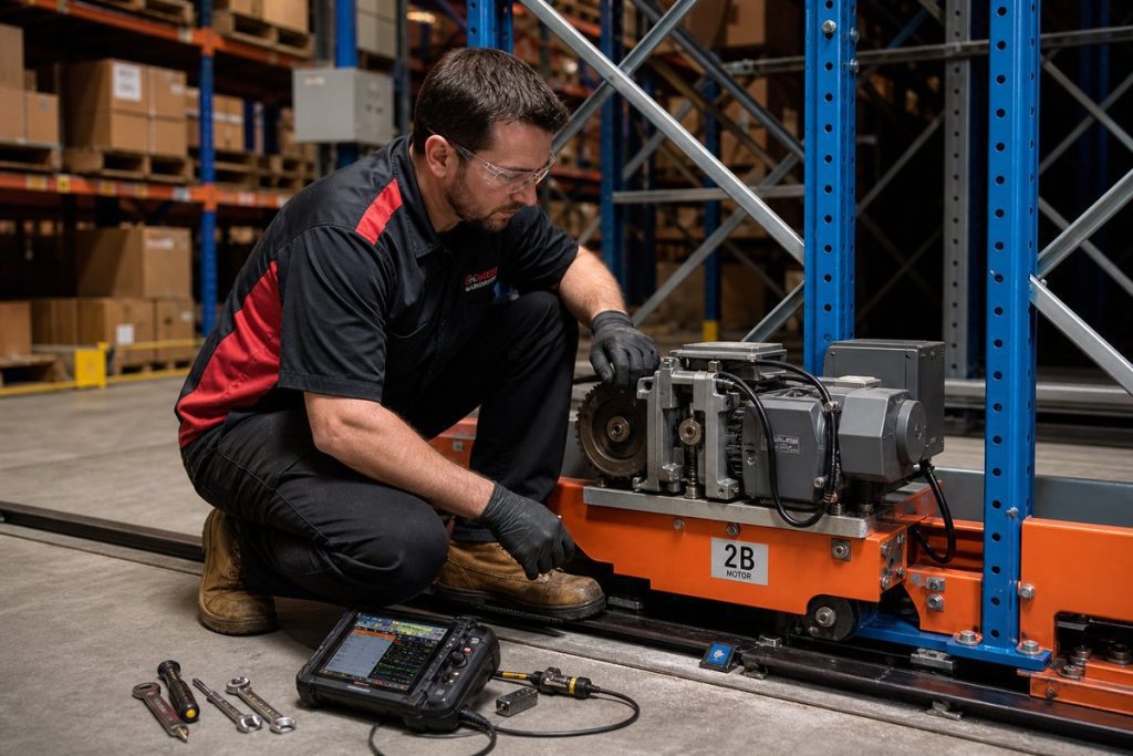 Technician maintaining mobile pallet rack carriage and rail system