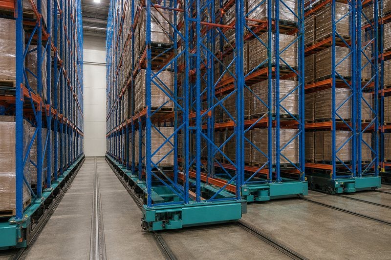 Mobile pallet rack on motorized rail carriages