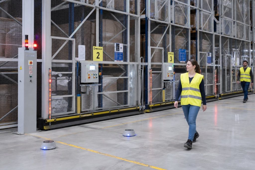 Mobile pallet rack safety features including sensorsand light curtains