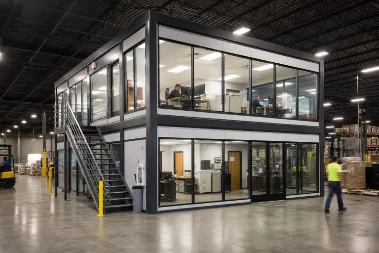 Two-story modular in-plant office with glazed walls inside a warehouse