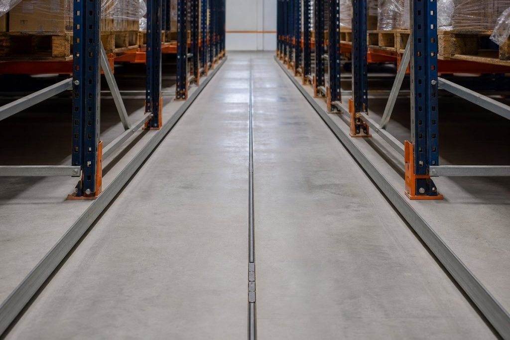 VNA warehouse floor with wire guidance system between rack rows