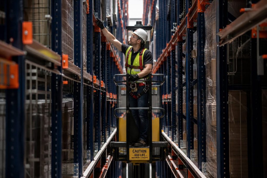 Technician inspecting tall VNA pallet rack at height