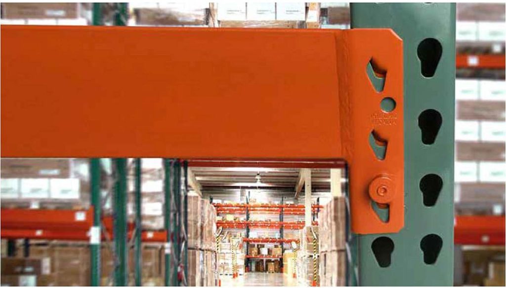 High-density pallet rack system loaded with pallets in a distribution center