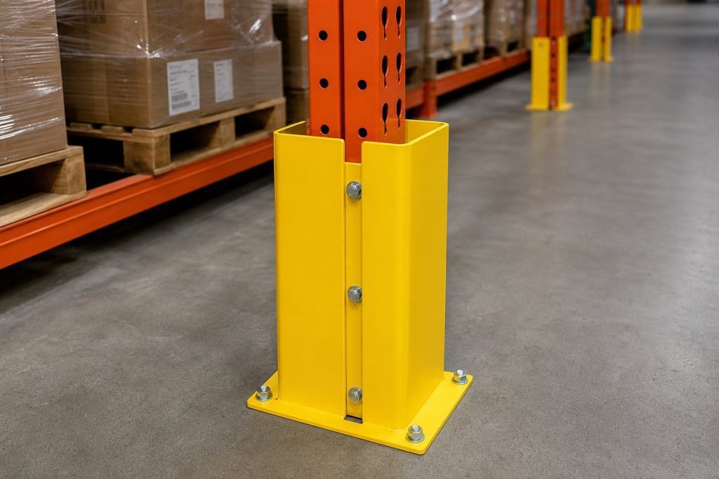 Yellow steel column protector guard installed on pallet rack upright