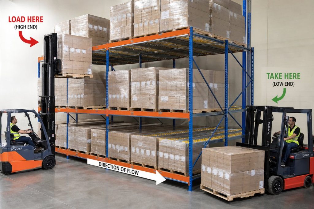 Pallet flow rack FIFO operation with separate load and pick aisles