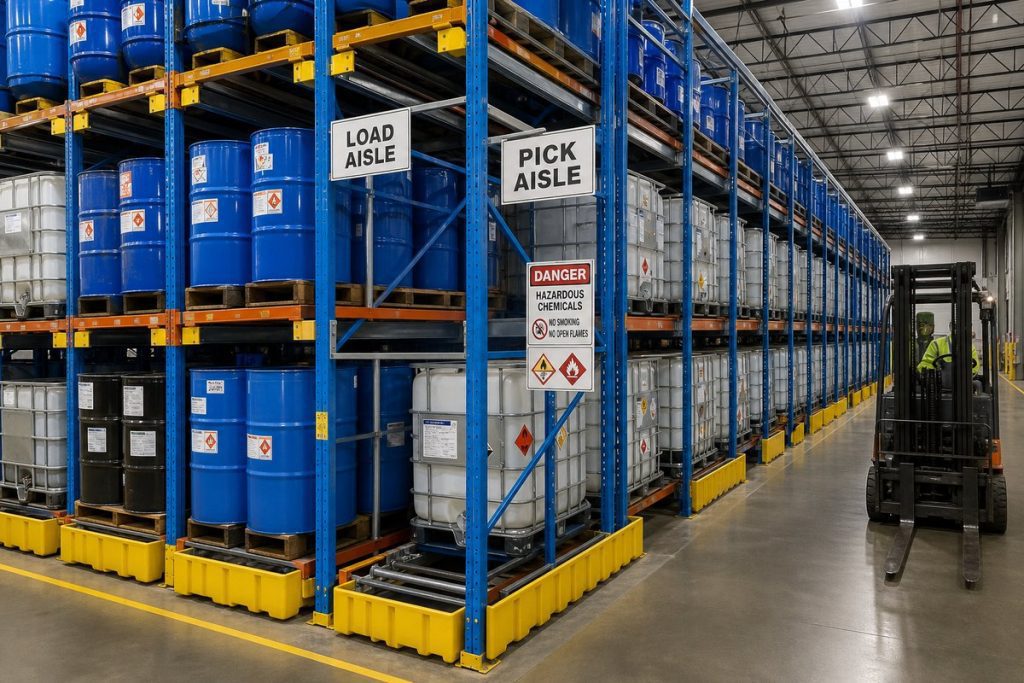 Pallet flow for chemical and hazmat storage