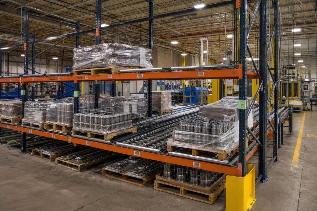 Pallet flow for manufacturing staging