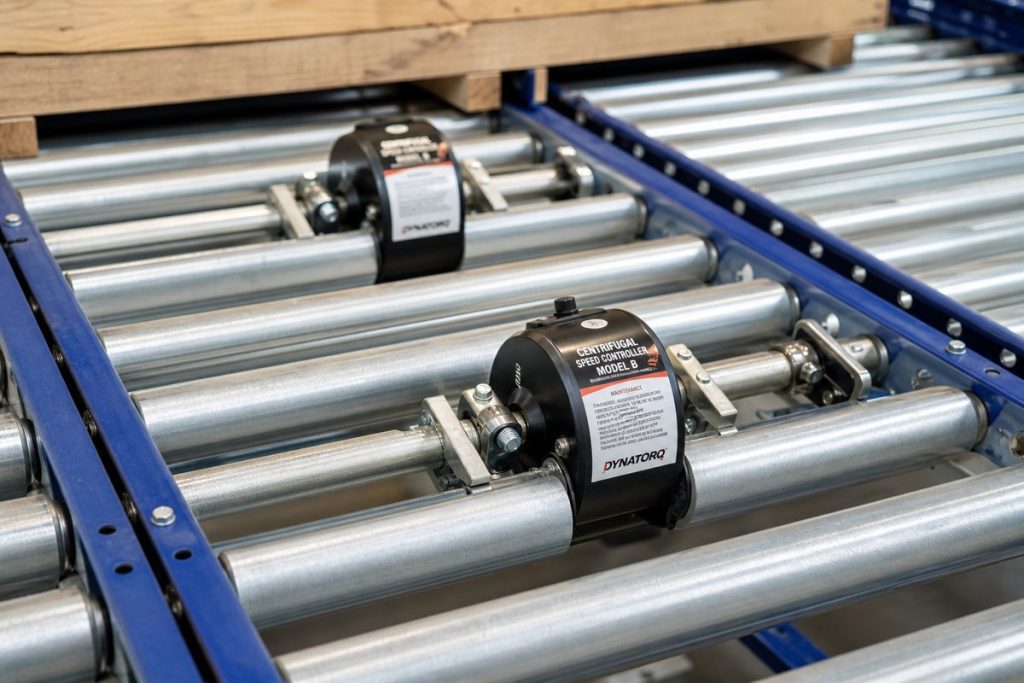 Pallet flow rack roller conveyor close-up showing gravity-fed system
