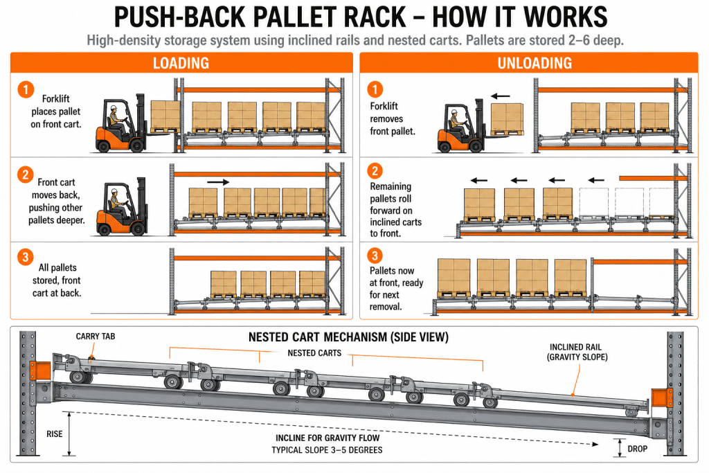 How push-back pallet rack works — and unloading diagram