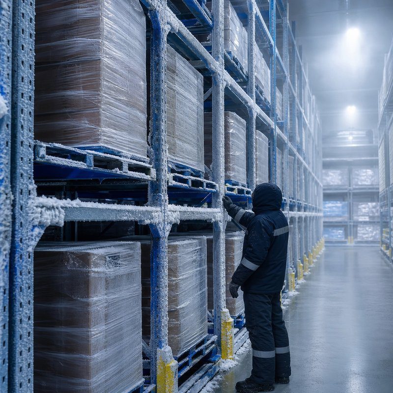 Push-back pallet rack in cold storage freezer warehouse