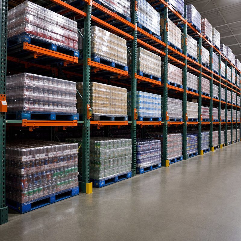 Push-back pallet rack loaded with palletized beverage product in a food and beverage warehouse