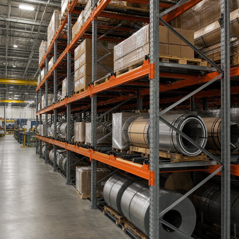 Push-back pallet rack in a manufacturing plant warehouse