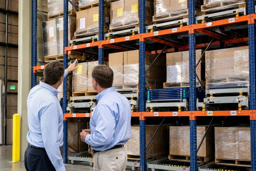 Warehouse manager examining push-back pallet rack system