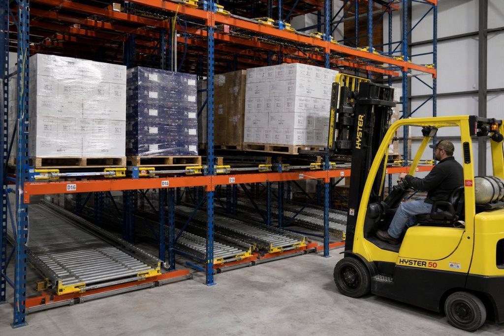 Push-back pallet rack mechanism with nested carts on inclined rails