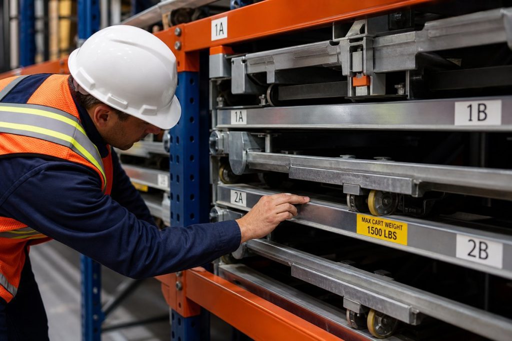 Technician inspecting push-back rack cart mechanism