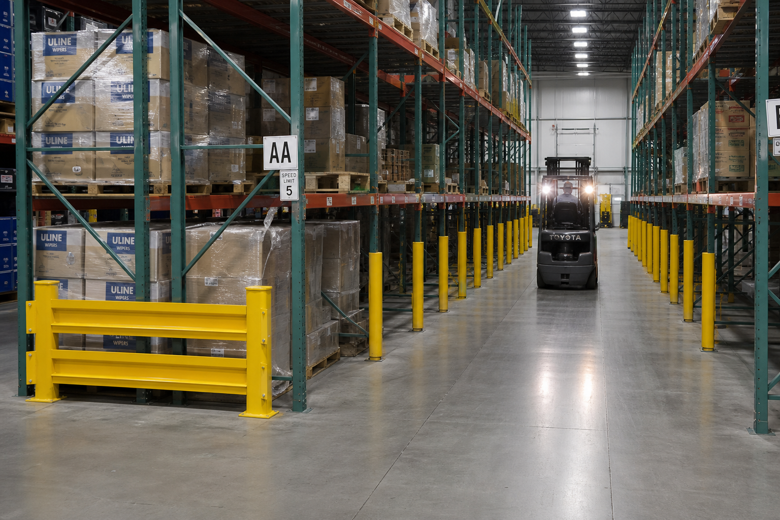 Warehouse aisle with comprehensive rack protection