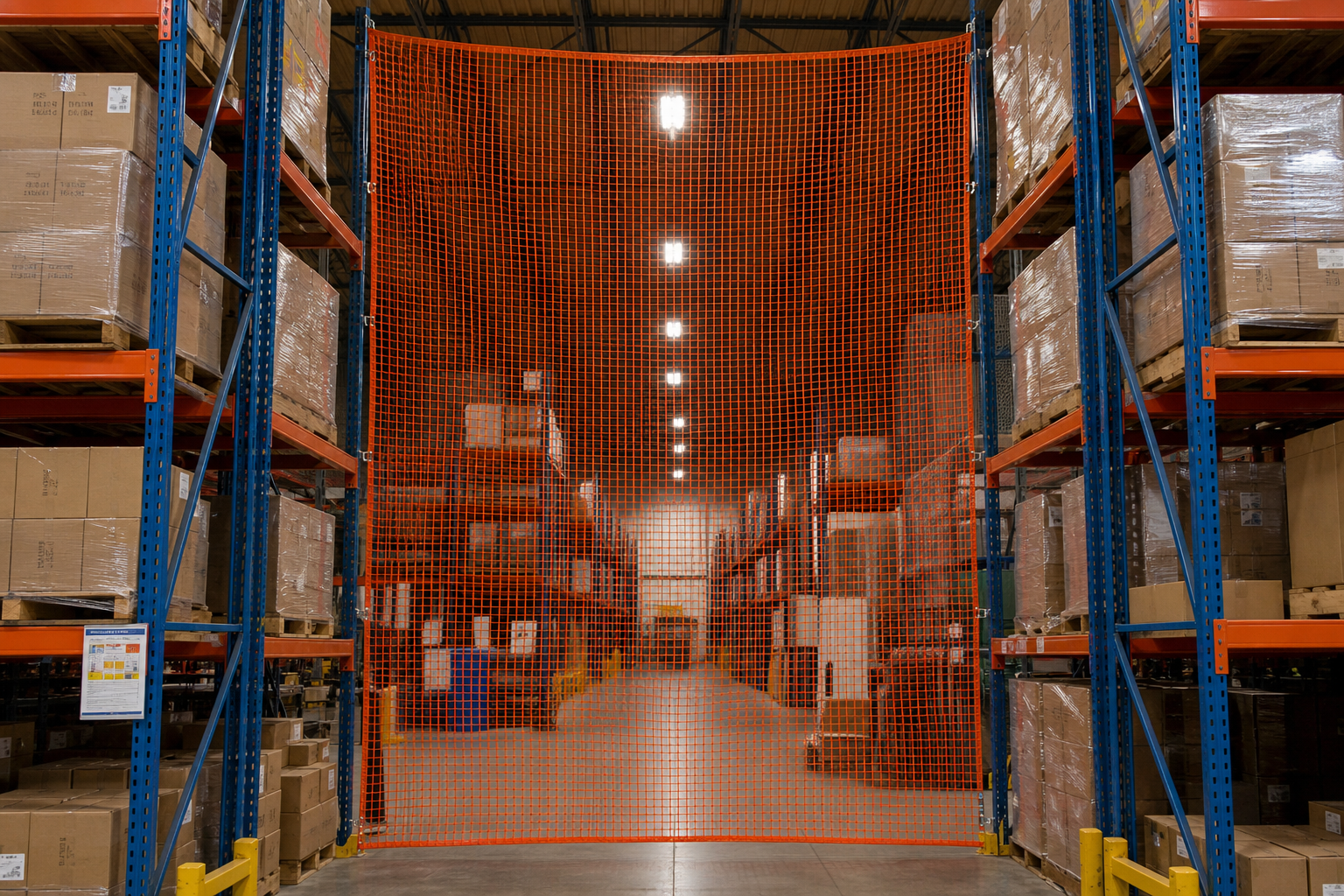 Orange safety netting between pallet rack bays