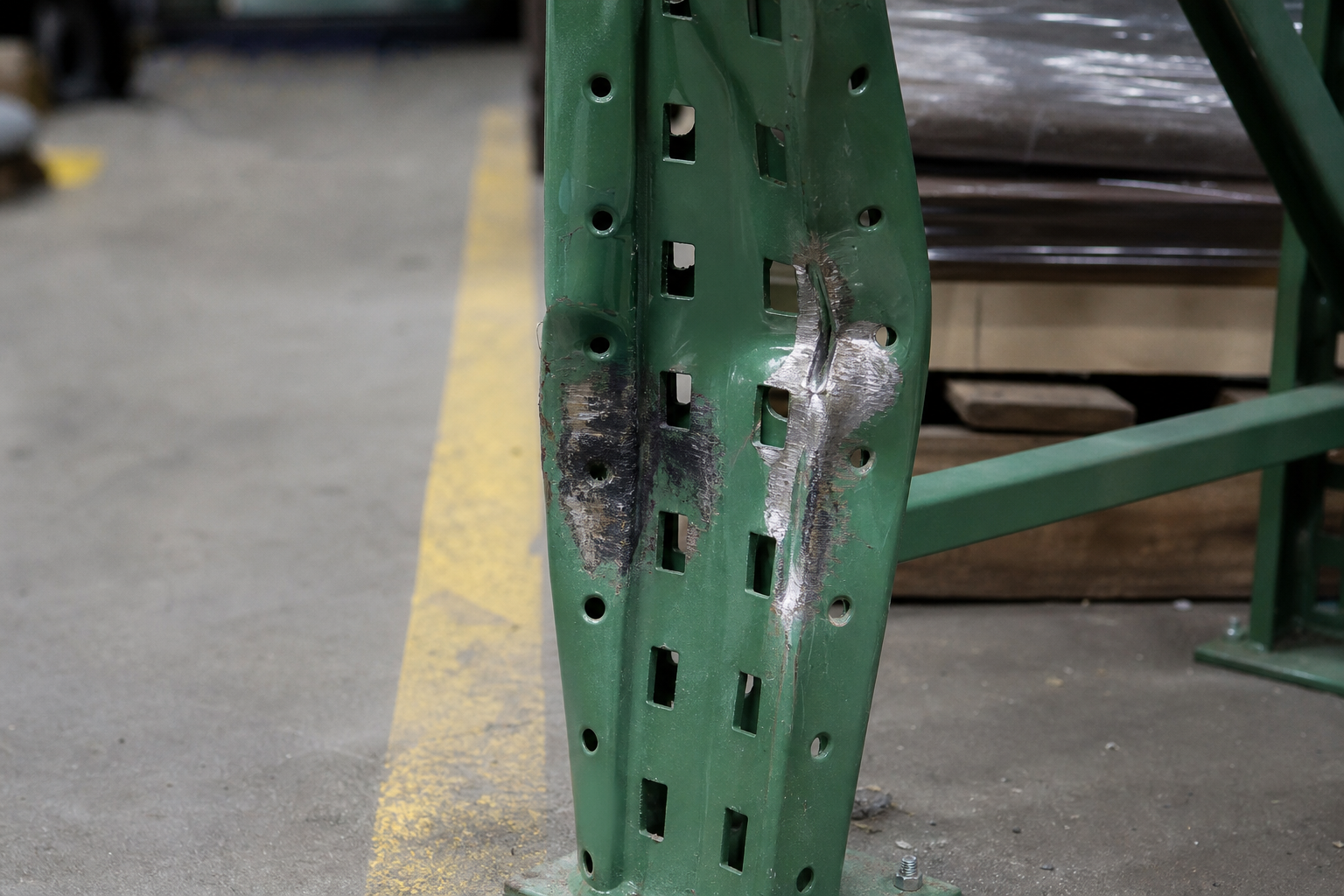 Bent pallet rack upright column from forklift impact