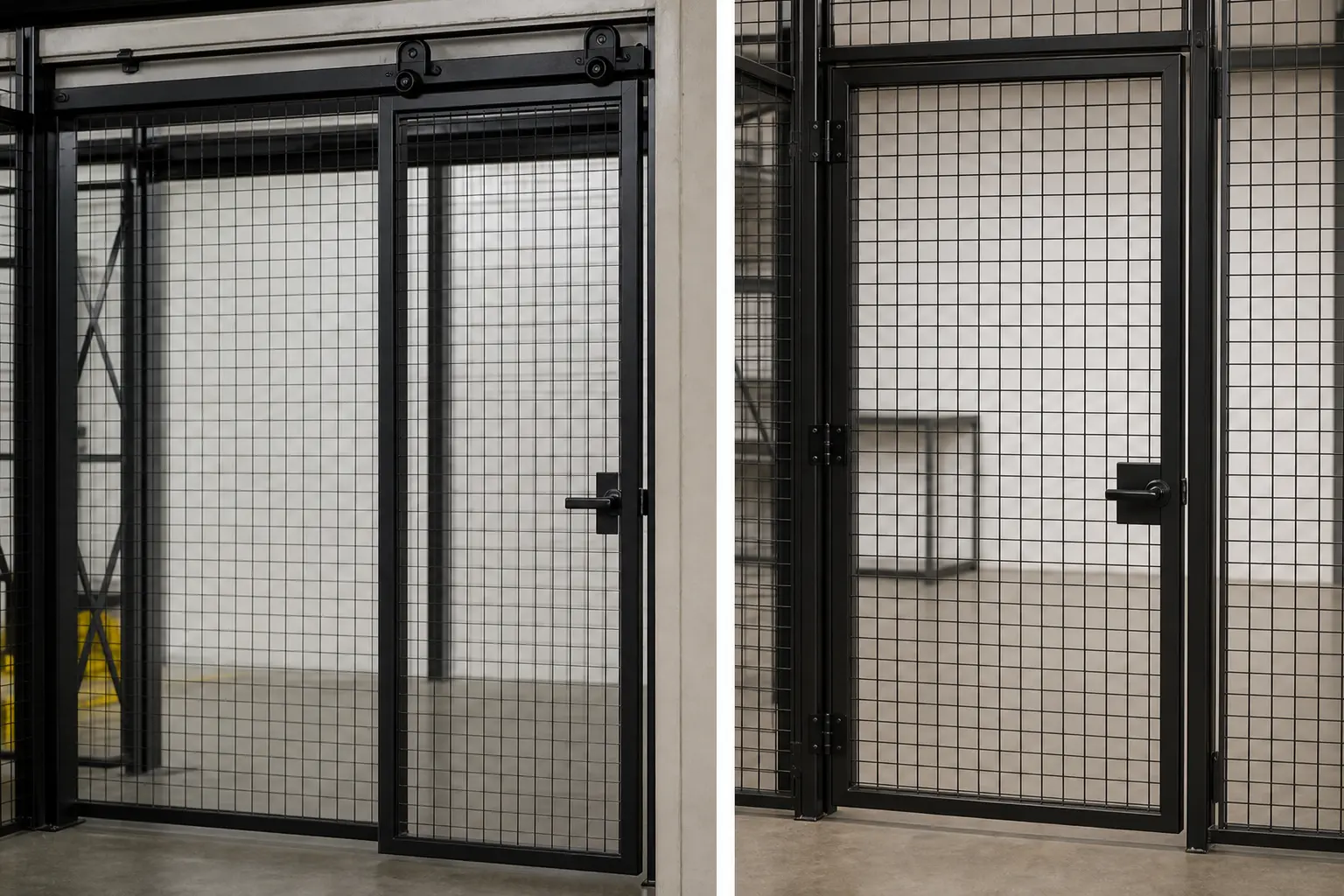 Sliding and hinged wire mesh security cage doors with lever hardware