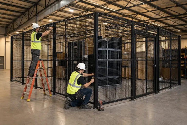 Installers fitting wire mesh security cage panels to posts