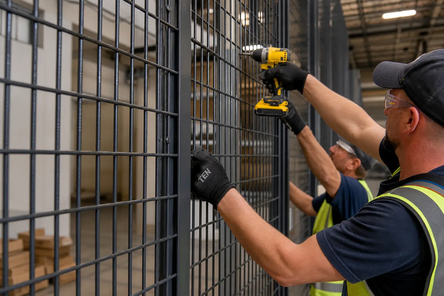 Installer anchoring and fastening a wire mesh security cage panel during installation