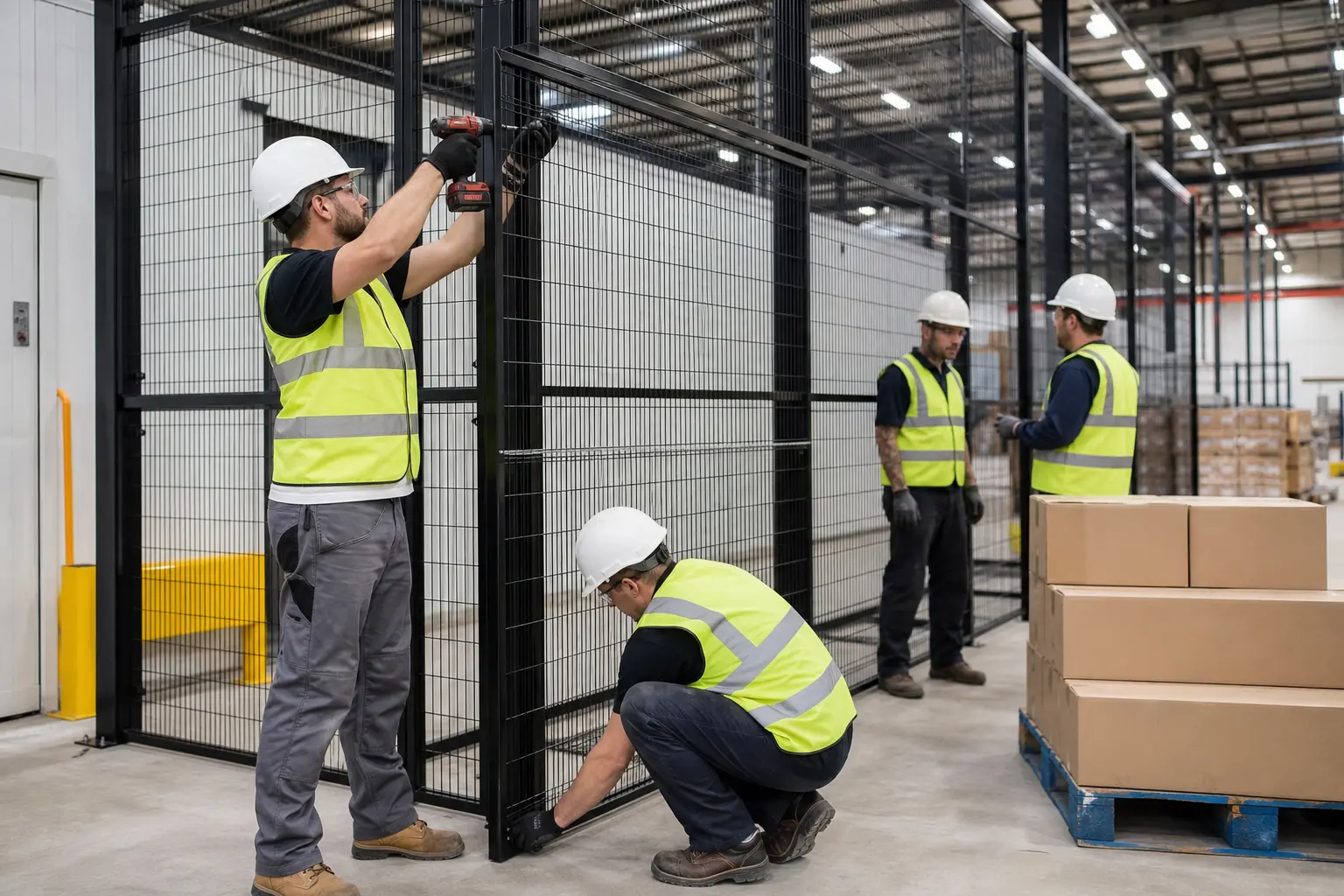Installation crew setting black wire mesh cage panels and posts in a warehouse