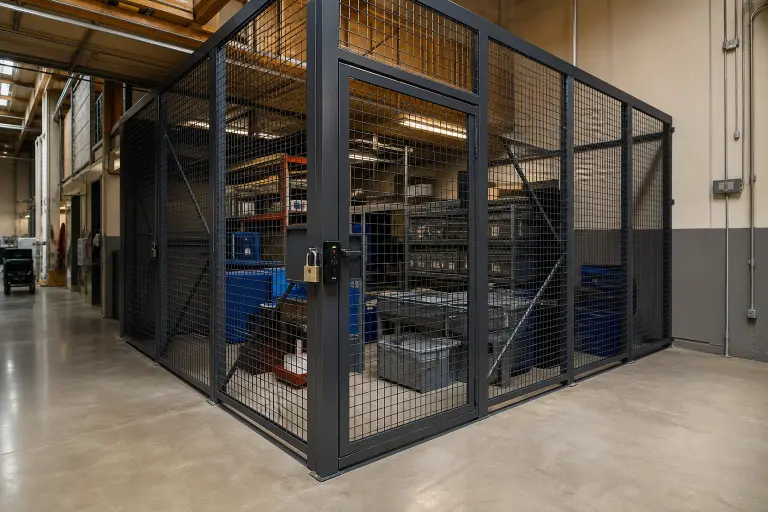 Security cage lock options including padlock, cylinder and electronic access hardware