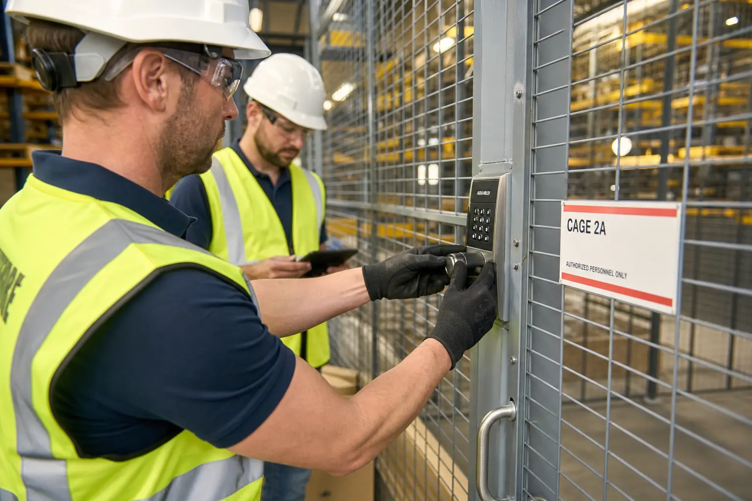 Warehouse technician using a keypad reader at the door of a wire mesh security cage