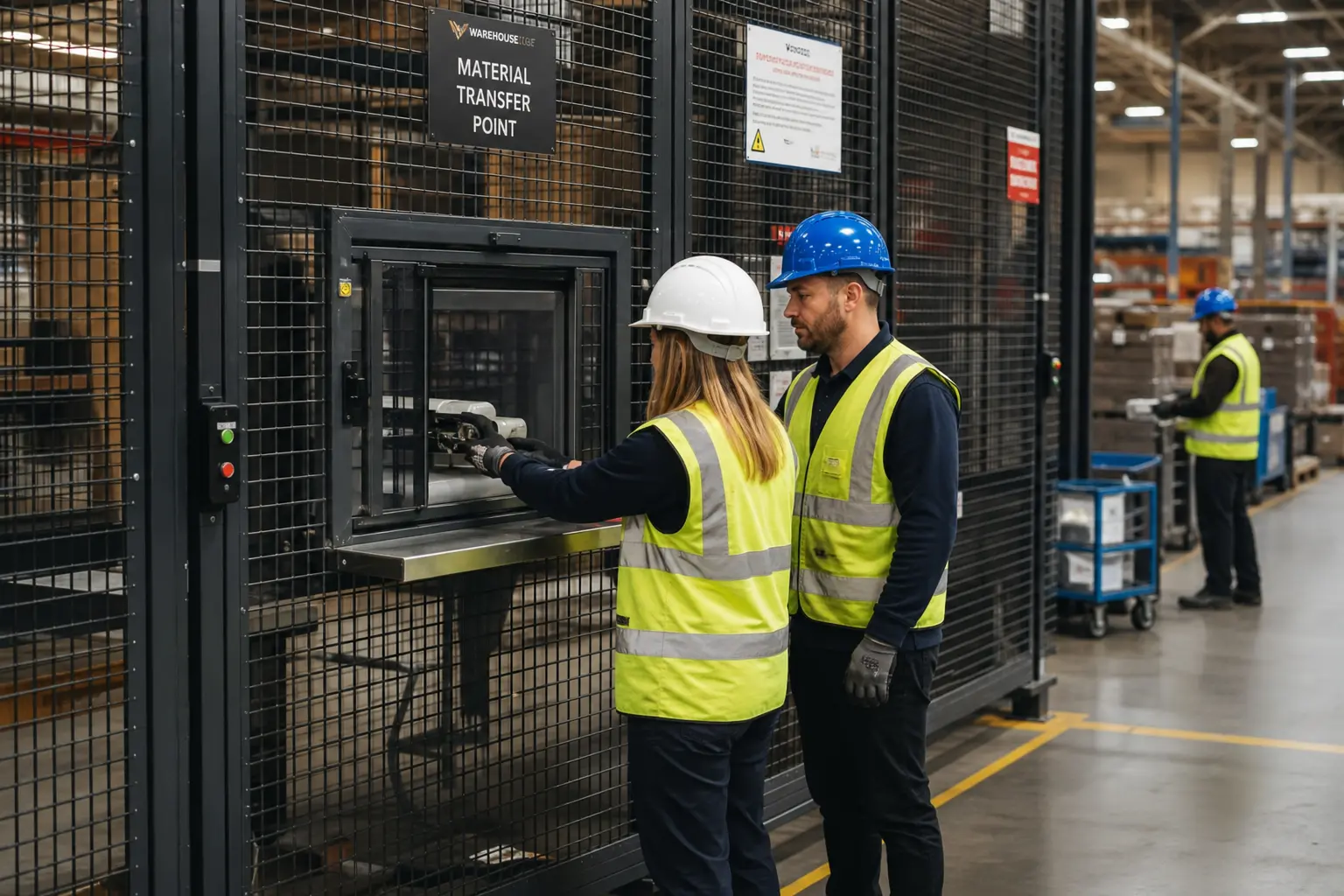 Staff working at a wire partition service window beside a cage access door