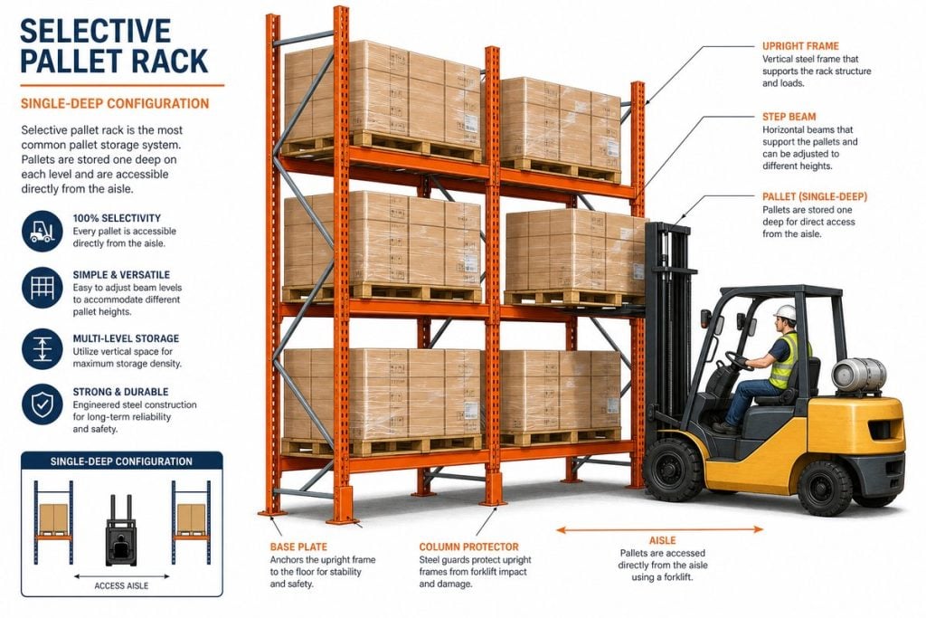 Selective pallet rack system diagram showing components, forklift access, and single-deep configuration