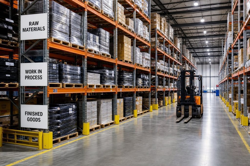 Manufacturing warehouse with selective pallet rack storing raw materialsand finished goods