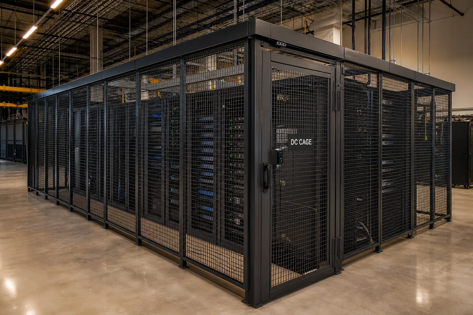 Row of black wire mesh server cages inside a data center