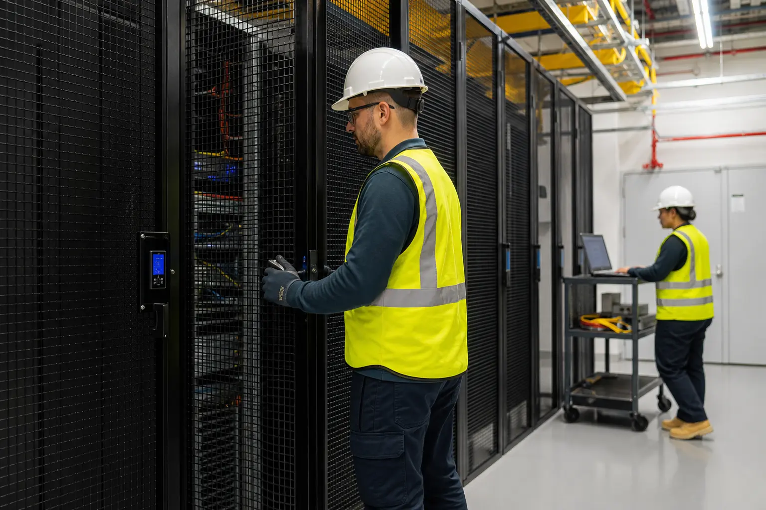 Technician in hi-vis vest inspecting server cages in a data center