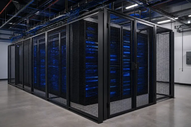Colocation server cage enclosed with wire mesh panels in a data center
