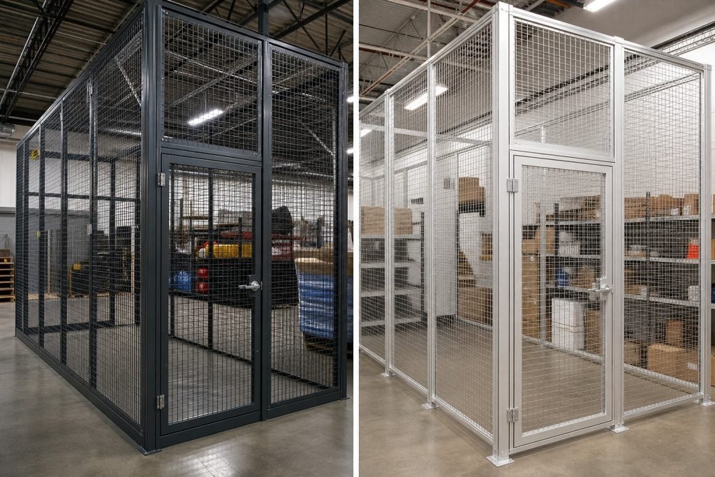 Steel security cage vs aluminum security cage side-by-side comparison in warehouse