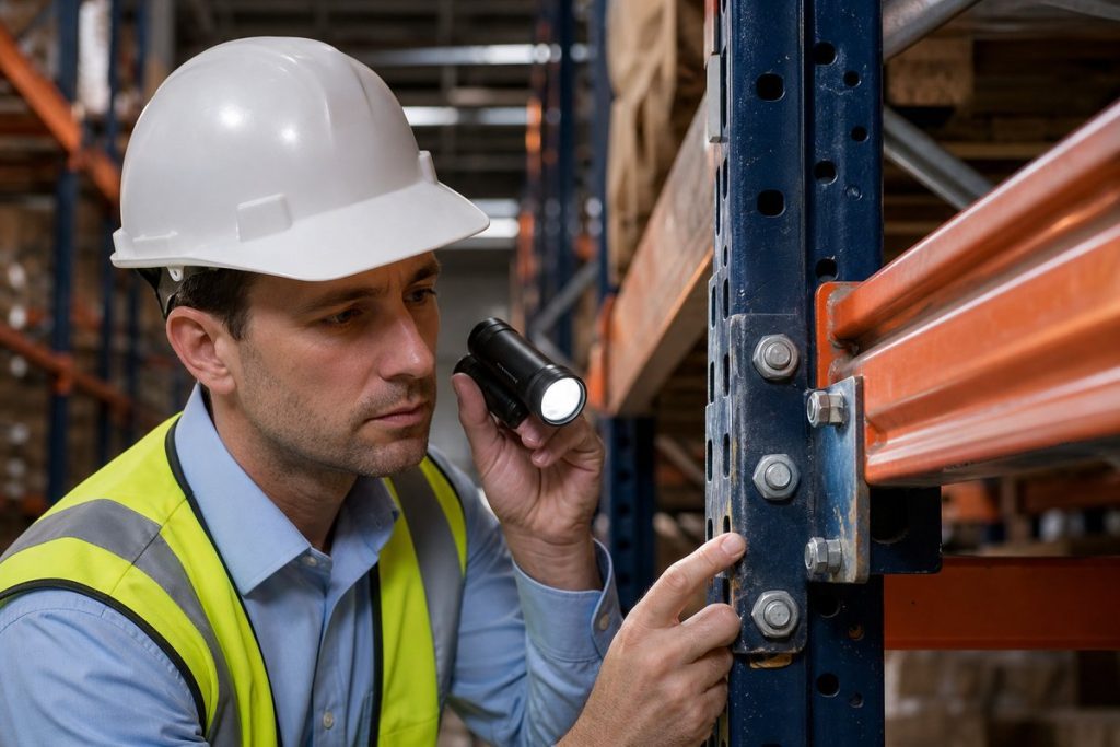 Engineer inspecting structural pallet rack bolted connections