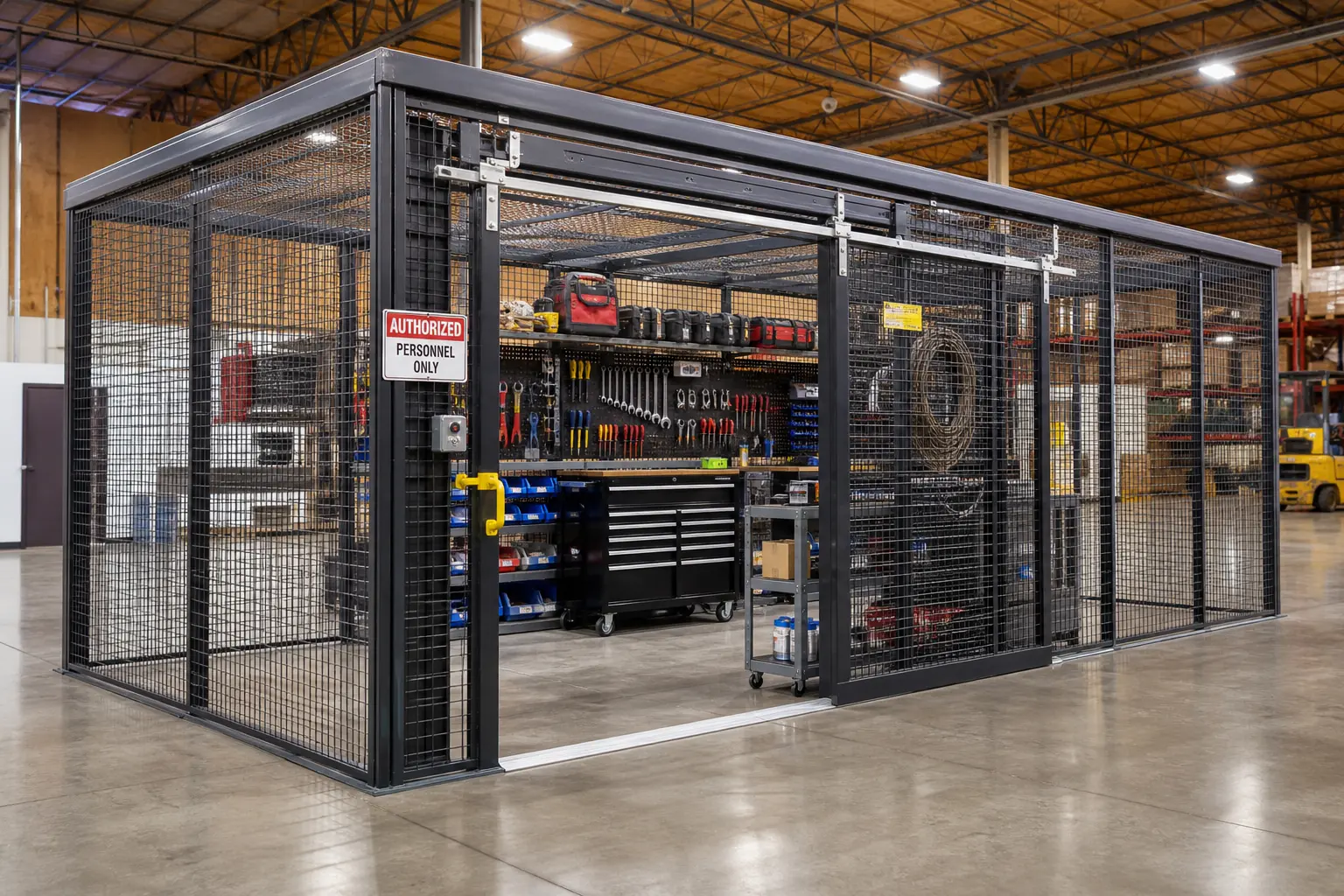 Welded wire tool crib enclosure with a sliding door and tool storage inside a shop