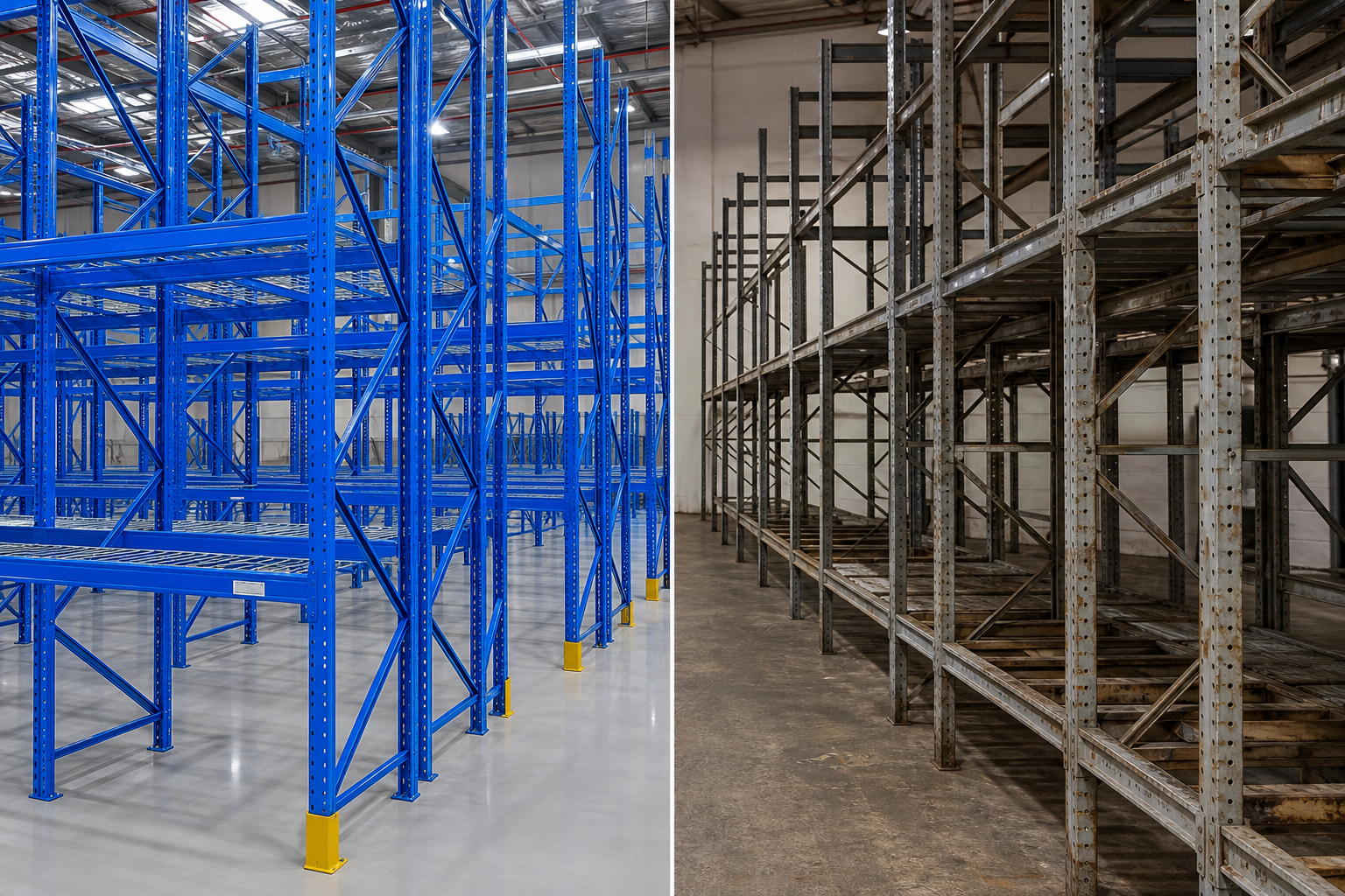 New and used pallet rack side by side in warehouse