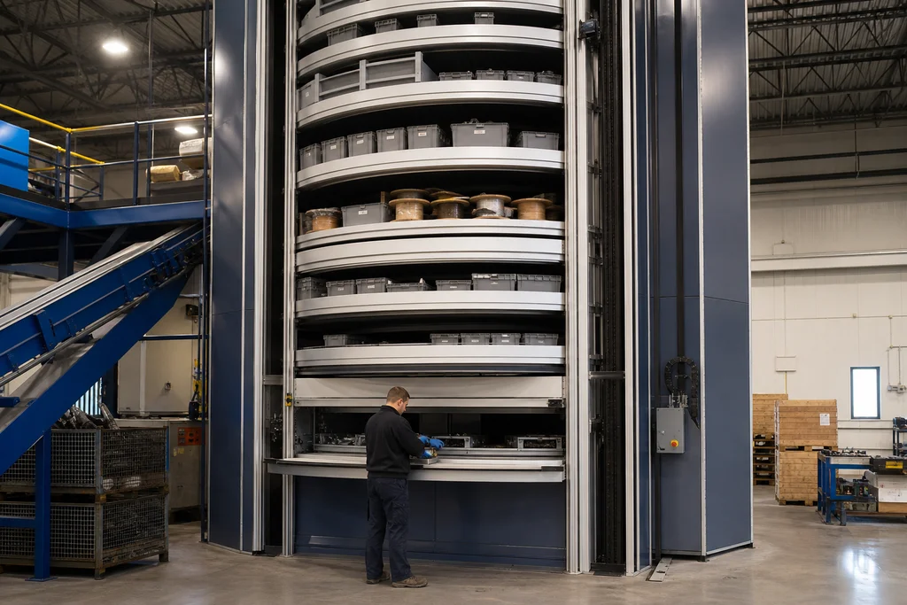 Industrial vertical carousel storage system with worker retrieving parts