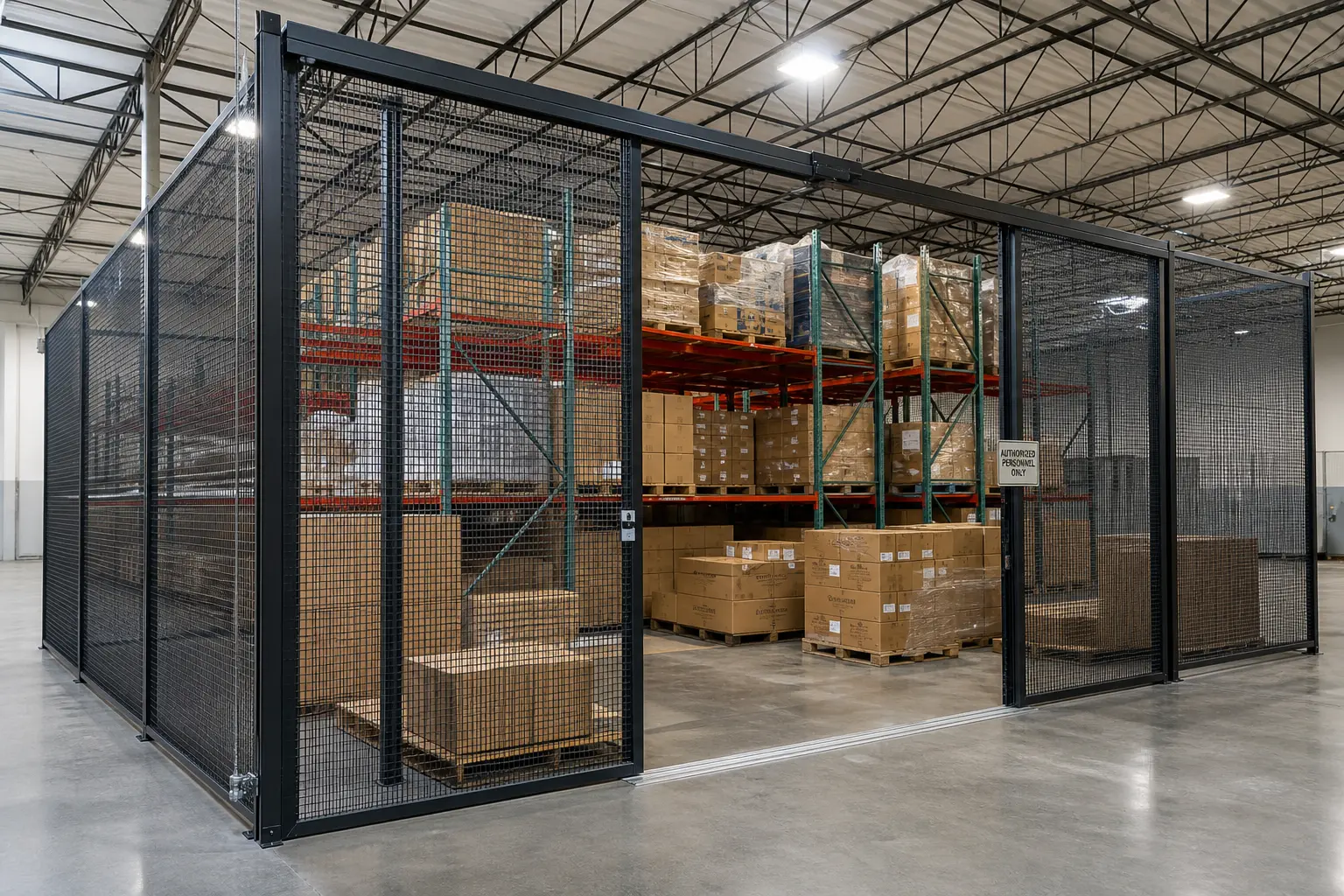 Warehouse staff at the door of a large wire storage cage enclosing palletized stock