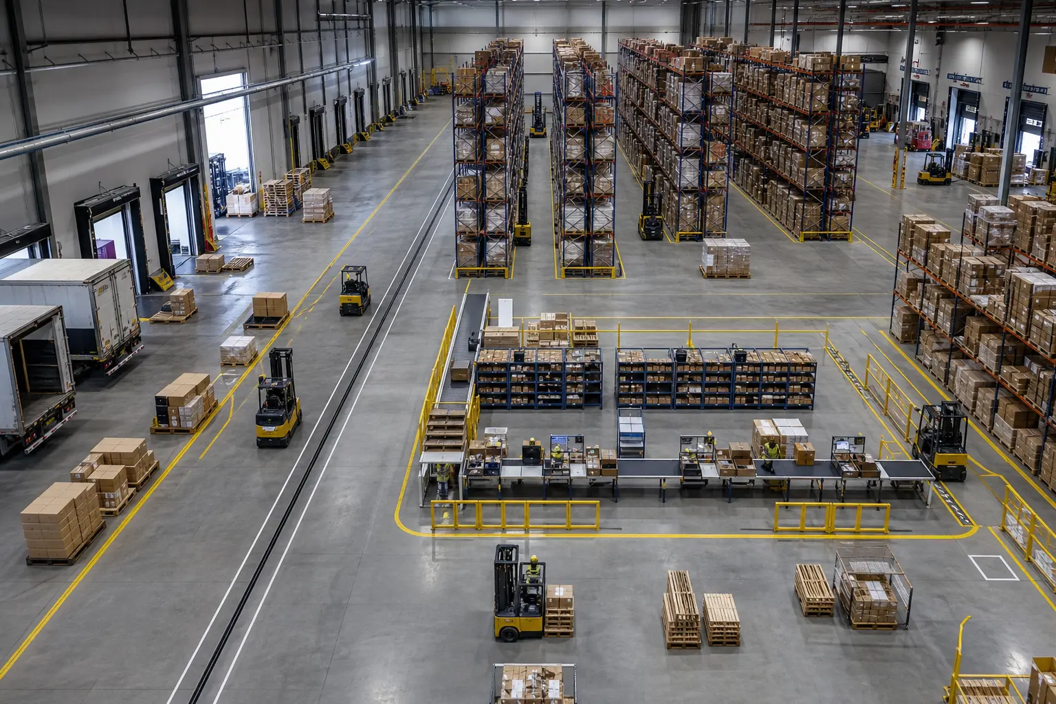 Overhead view of a well-organized warehouse layout with clearly marked zones for receiving, storage, picking, and shipping